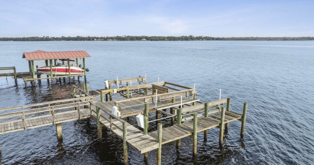 Boat slips and dock along St. John's River in Palatka Florida.