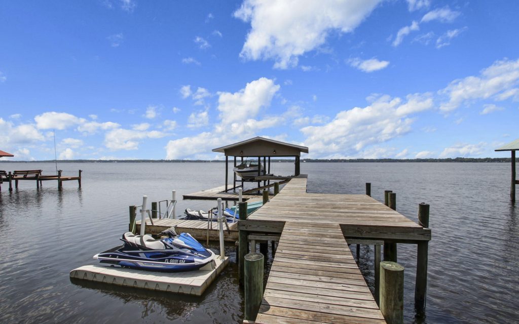 Long pier and boat house along St. John's River in Palatka, Florida.