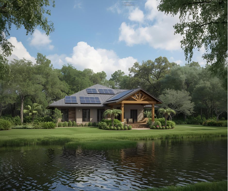 Eco-Friendly waterfront home with solar panels in Putnam County Florida.