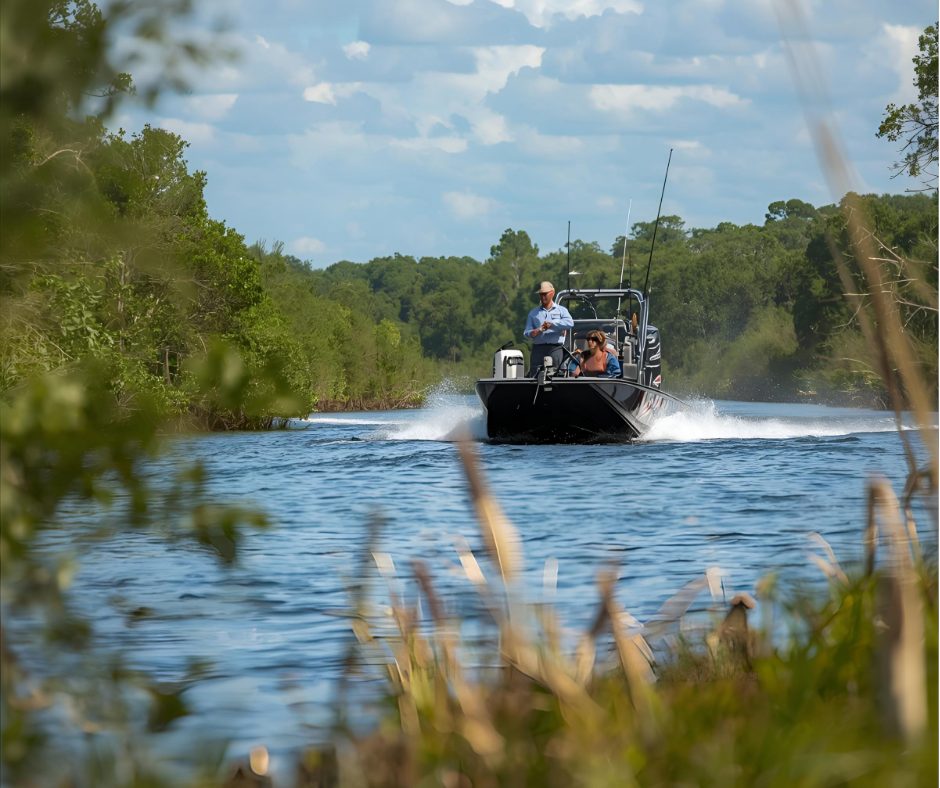 Boating and fishing on St John's River in Putnam County Florida.