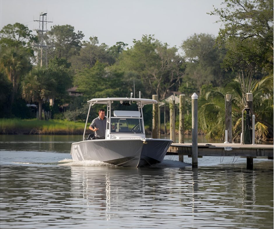 Man in a boat leaving his private dock on the St John's River in Putnam County Florida